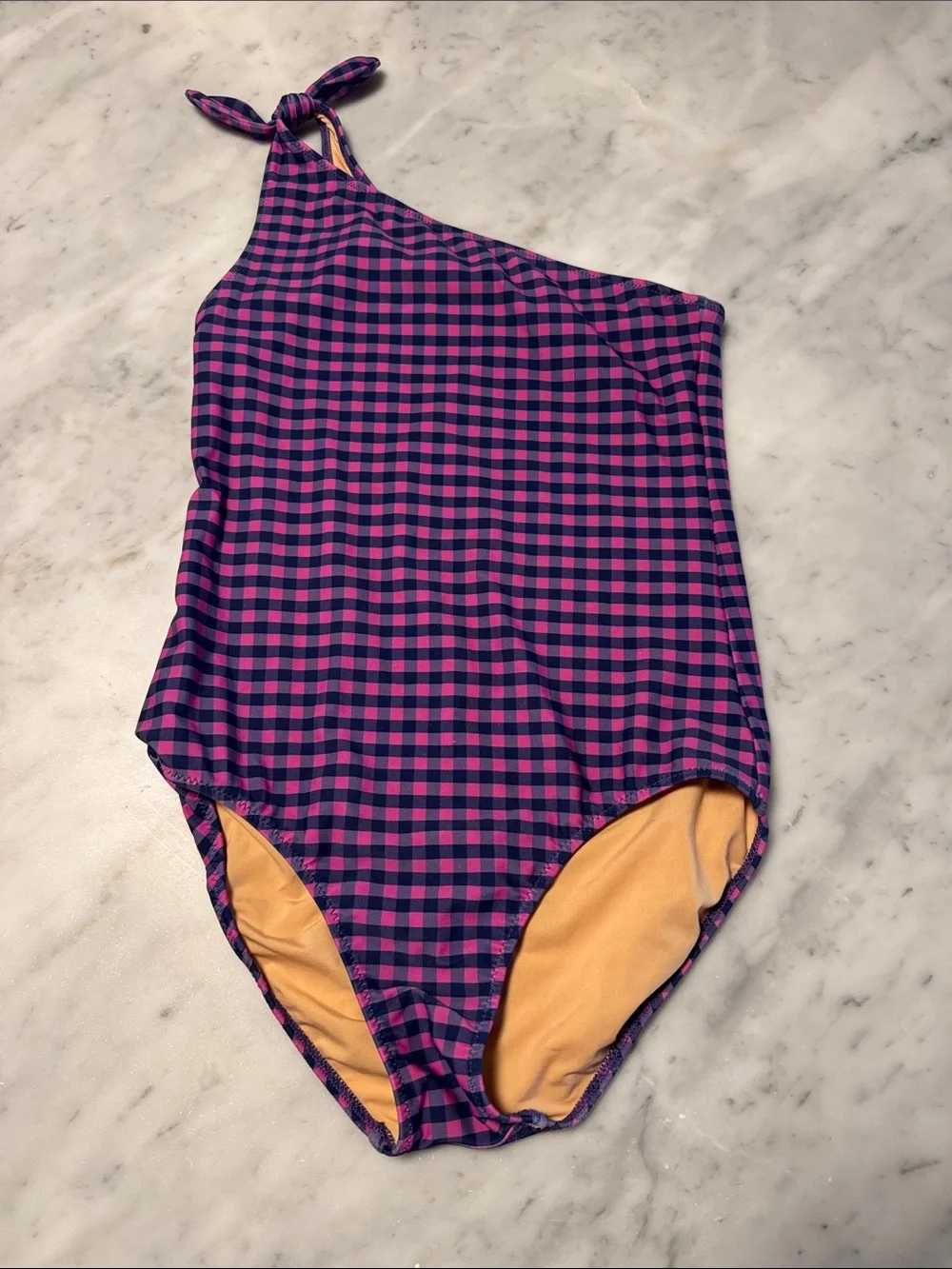 Crewcuts Yellow One-Shoulder Swimsuit with Navy and Pink Trim